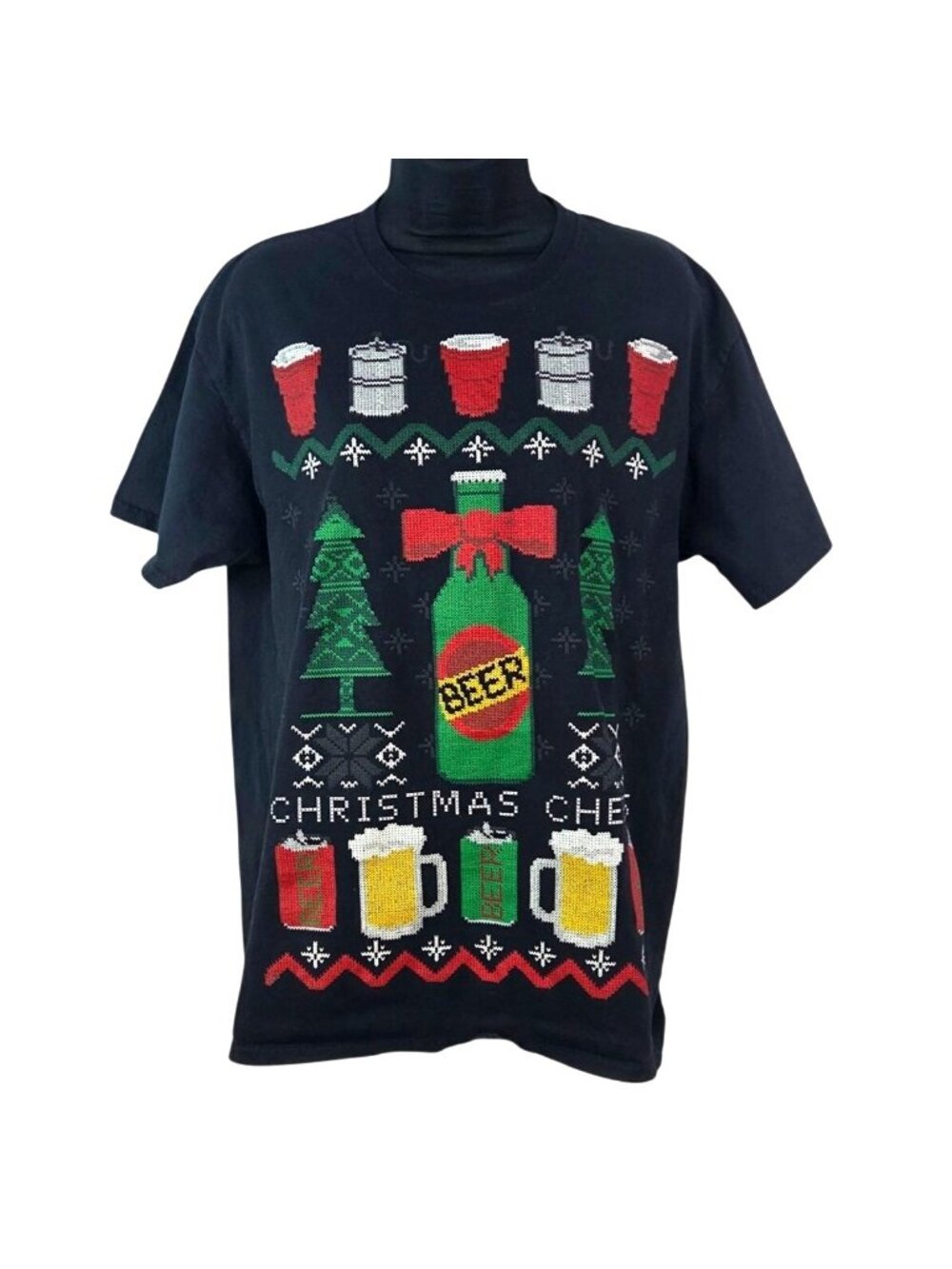Christmas Cheers Ugly Christmas T-Shirt Large Beer Theme Black Holiday Fun